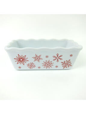 Nantucket Mini Loaf Pan Christmas Holiday Red Snowflakes Ceramic Stoneware 6x3